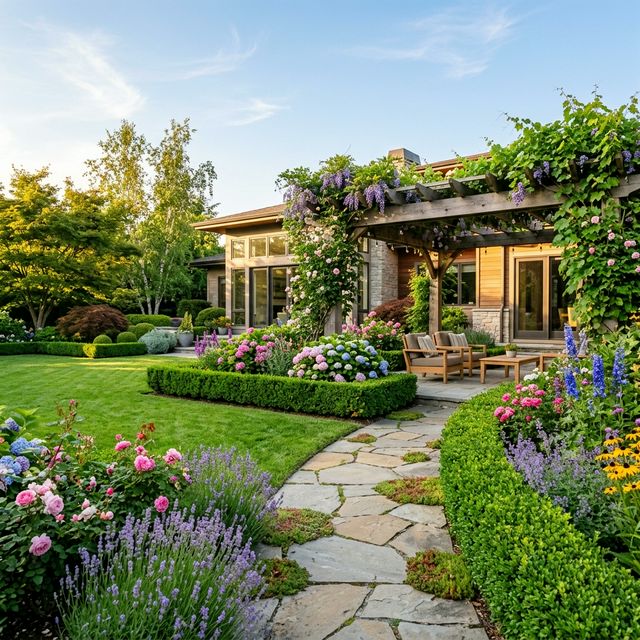 Piękny nowoczesny ogród z kolorową roślinnością